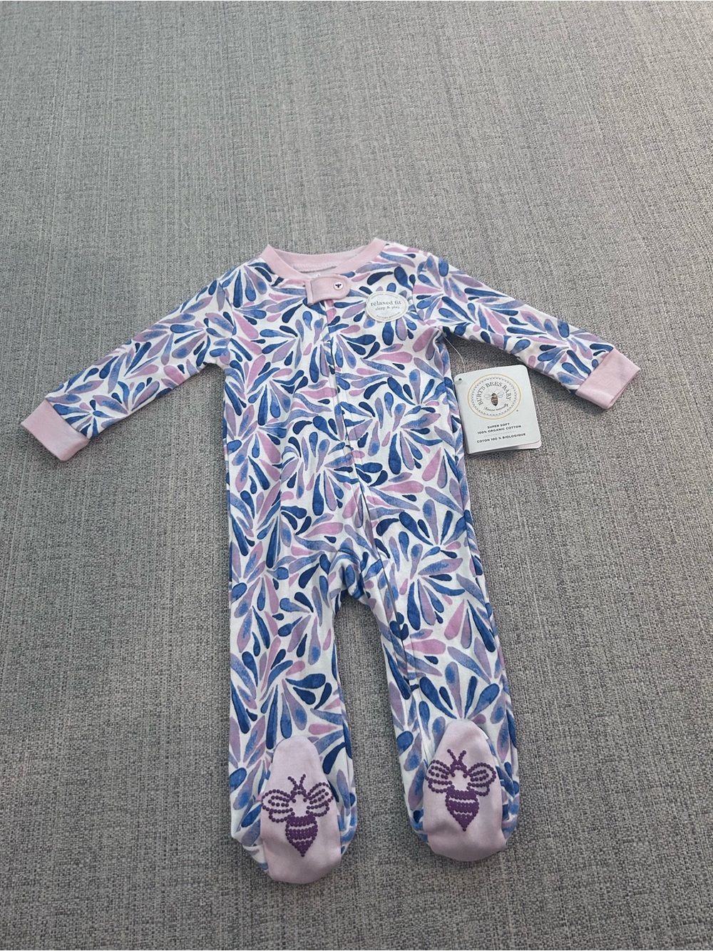 Burt's Bees Baby Cotton Pink & Blue Leaf Print Footed One-Piece. NWT Size 3-6M